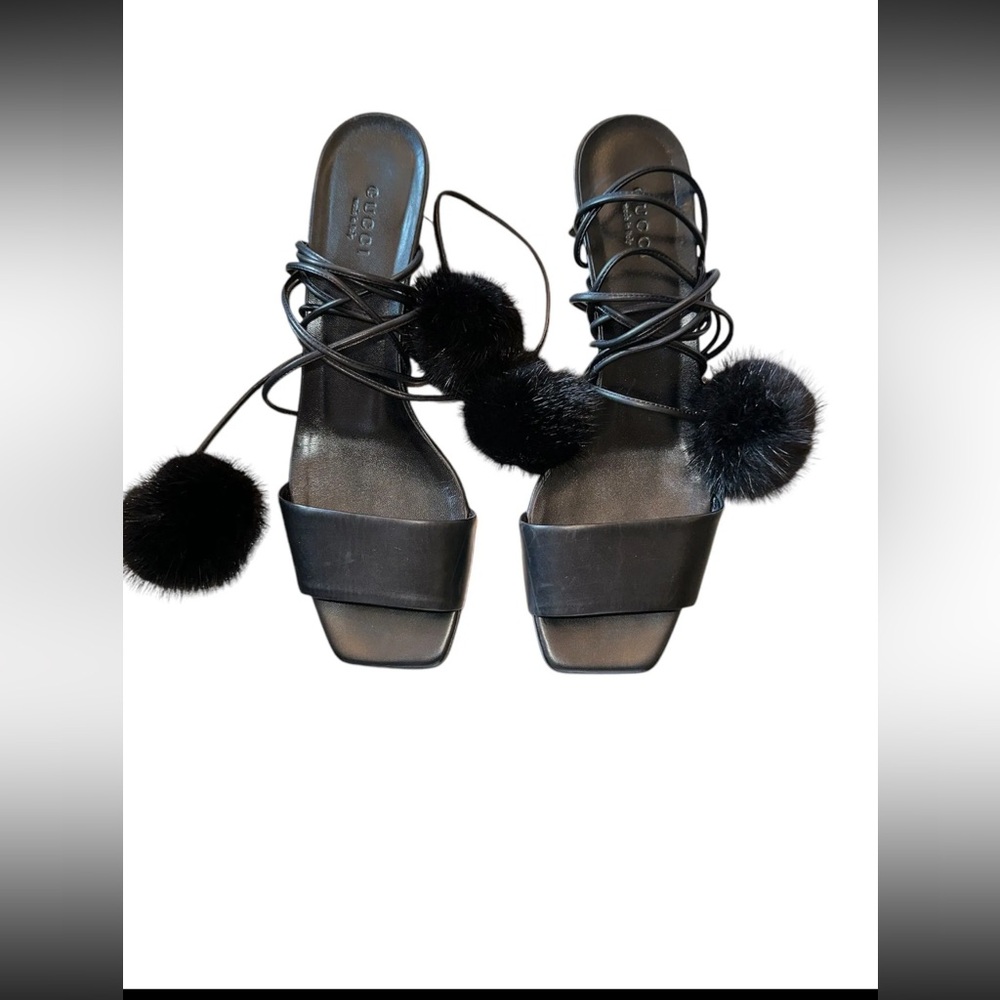 Gucci Fur Pompom Wrap Around Low Heels